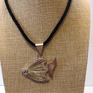 Vintage BEST signed Fish pendant / necklace.   silver tone fish on black cord